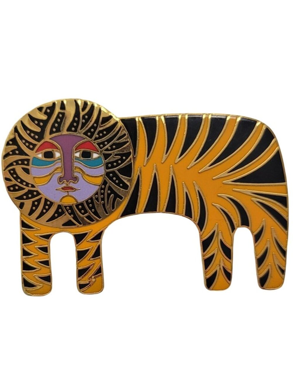 Laurel Burch 1980s Vintage Gold Tone Cloisonne Enamel "TIGRE" Brooch, Signed